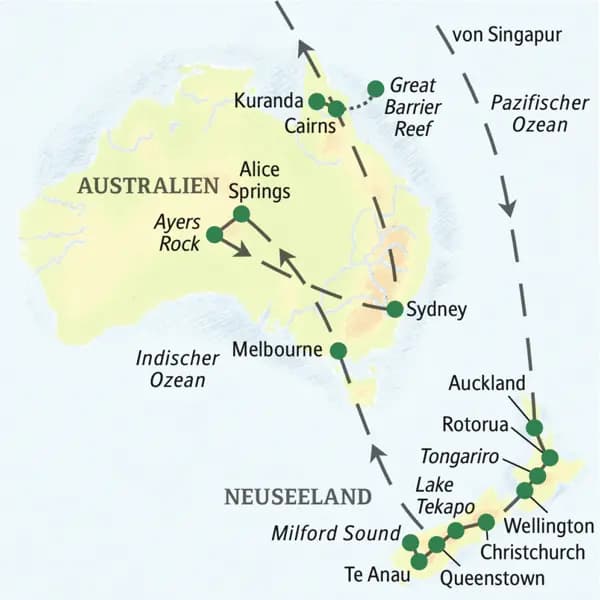 Die Karte zeigt den Verlauf unserer Neuseeland-Australienreise -  zum Kennenlernen: Auckland, Rotorua, Tongariro, Wellington, Christchurch, Tekapo, Queenstown, Te Anau, Milford Sound, Melbourne, Alice Springs, Ayers Rock, Sydney, Cairns, Kuranda