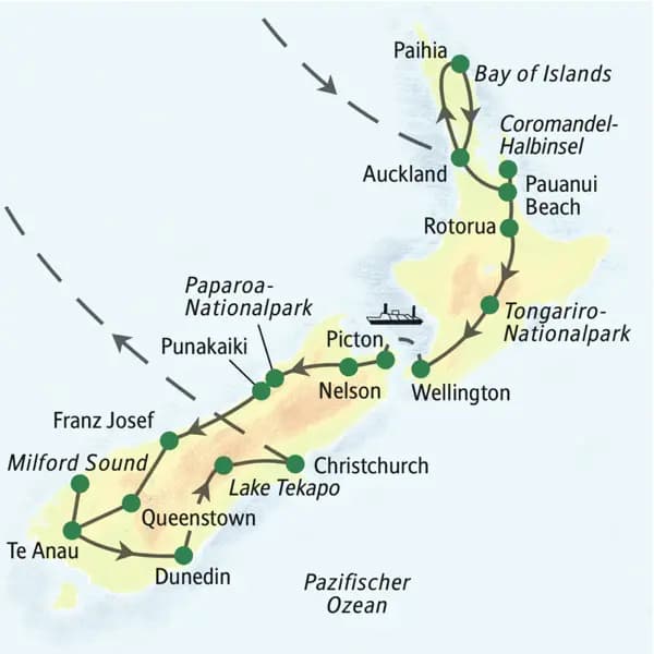 Unsere Reiseroute durch Neuseeland startet in Auckland und führt über Paihia, Rotorua, Tongarino, Wellington und Nelson bis nach Christchurch. Wir erleben auf unserer Studienreise den Tongariro-Nationalpark und die Coromandel-Halbinsel.