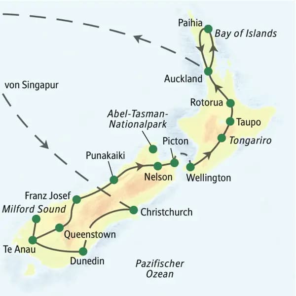 Die Karte zeigt den Verlauf unserer vierwöchigen Studienreise mit Muße durch Neuseeland: Christchurch, Dunedin, Te Anau, Milford Sound, Queenstown, Franz Josef, Punakaiki, Nelson, Picton, Wellington, Tongariro, Taupo, Rotorua, Paihia, Auckland.