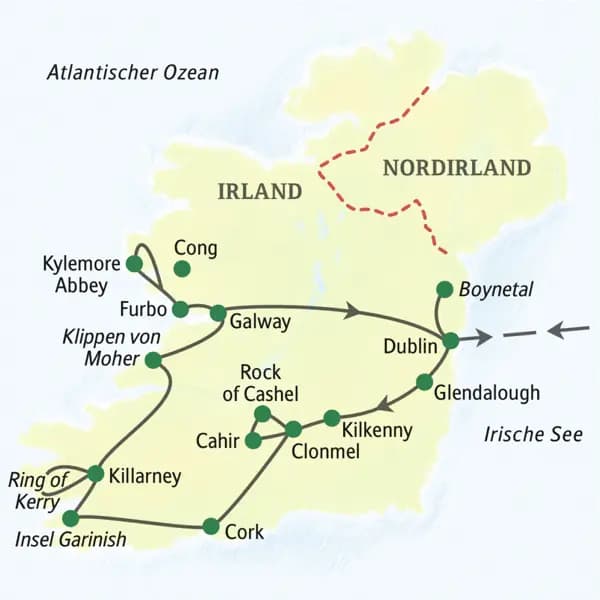 Die Karte zeigt den Verlauf unserer Studienreise mit Muße durch Irland: Dublin, Glendalough, Kilkenny, Clonmel, Rock of Cashel, Cahir, Cork, Garinish, Killarney, Klippen von Moher, Furbo, Galway, Kylemore Abbey.
