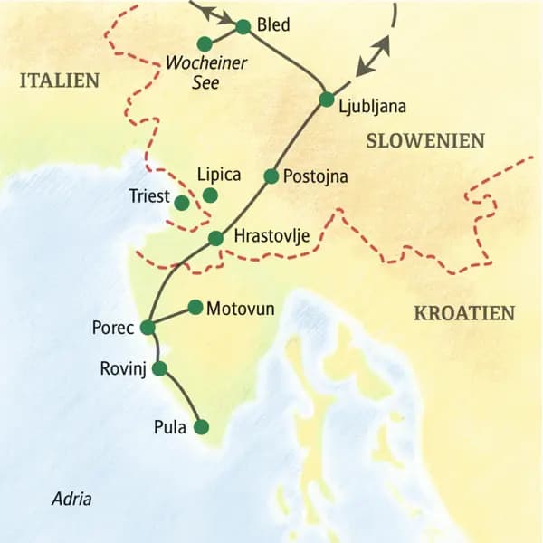 Höhepunkte der neuntägigen Studienreise Slowenien-Istrien mit Muße sind der Bleder See, Ljubljana, Porec, Pula, Rovinj und die Höhlen von Postojna.